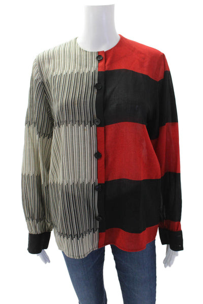 Akris Womens Wool Mixed Printed Collar Buttoned Blouse Top Black Red Size M