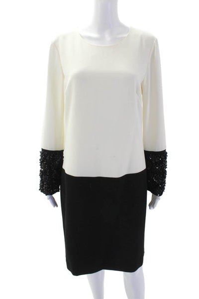 Trina Turk Womens Colorblock Sequins Long Sleeve Dress Cream Black Size 8