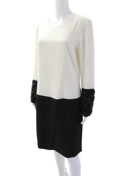 Trina Turk Womens Colorblock Sequins Long Sleeve Dress Cream Black Size 8