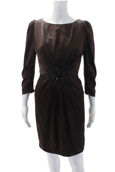 Andrew Gn Womens Embellished V-neck Long Sleeve Shift Dress Brown Size 36