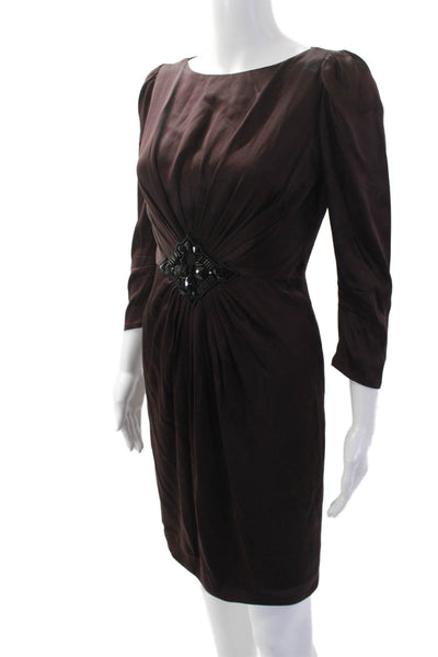 Andrew Gn Womens Embellished V-neck Long Sleeve Shift Dress Brown Size 36