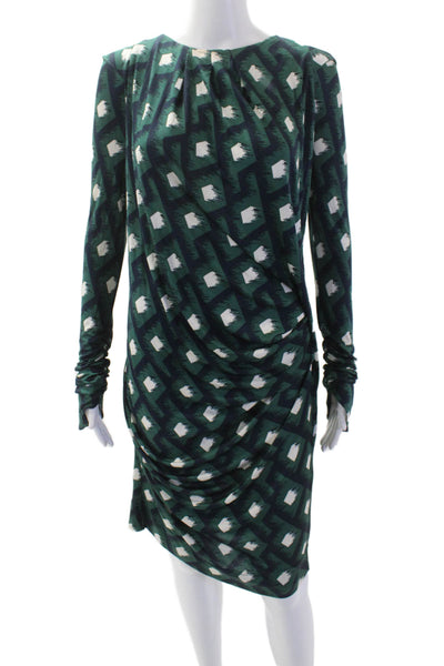 PETER PILOTTO Womens Silk Printed Ruched Long Sleeve Mini Dress Green Size 14