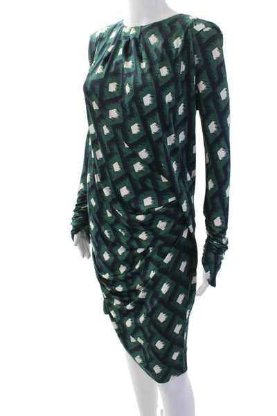 PETER PILOTTO Womens Silk Printed Ruched Long Sleeve Mini Dress Green Size 14