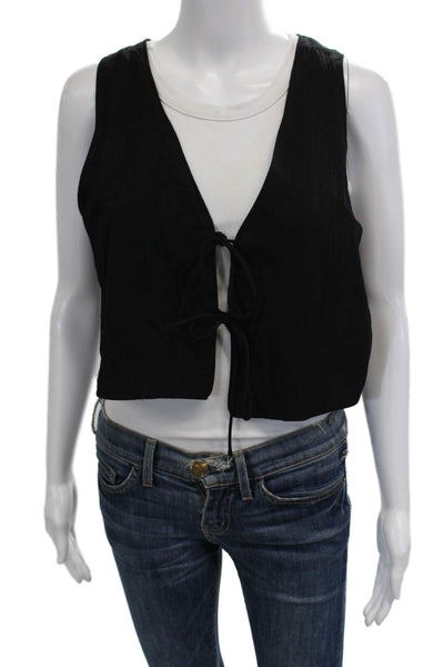 Zara Womens Sleeveless V Neck Double Tie Front Top Blouse Black Size Medium