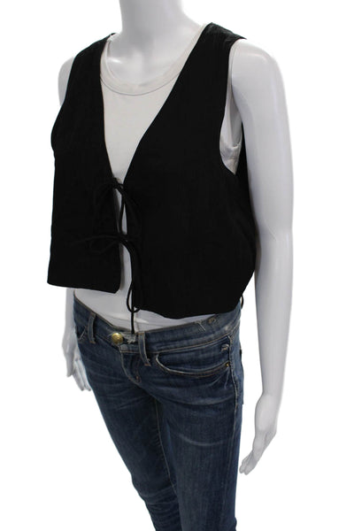 Zara Womens Sleeveless V Neck Double Tie Front Top Blouse Black Size Medium