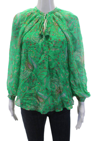 Hale Bob Womens Paisley V-Neck Long Sleeve Pullover Blouse Top Green Size XS