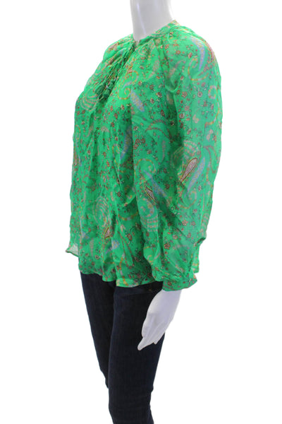 Hale Bob Womens Paisley V-Neck Long Sleeve Pullover Blouse Top Green Size XS