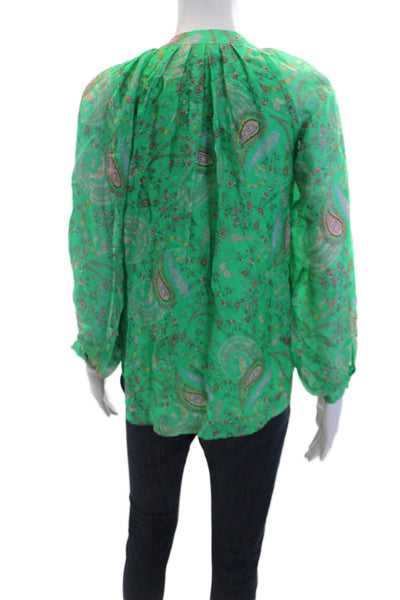 Hale Bob Womens Paisley V-Neck Long Sleeve Pullover Blouse Top Green Size XS