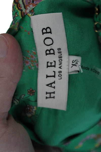 Hale Bob Womens Paisley V-Neck Long Sleeve Pullover Blouse Top Green Size XS