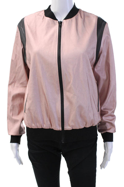 Lanston Sport Womens Faux Leather Metallic Zippered Bomber Jacket Pink Size S