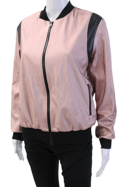Lanston Sport Womens Faux Leather Metallic Zippered Bomber Jacket Pink Size S