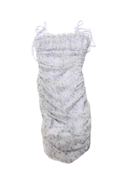 Katie J Girls Sheer Floral Print Rouched Tied Strap Dress Light Purple Size M