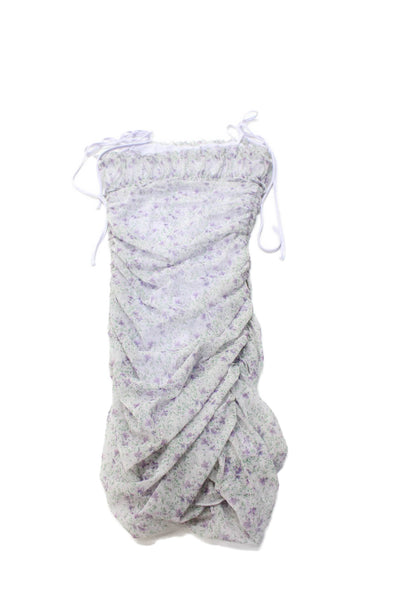 Katie J Girls Sheer Floral Print Rouched Tied Strap Dress Light Purple Size M
