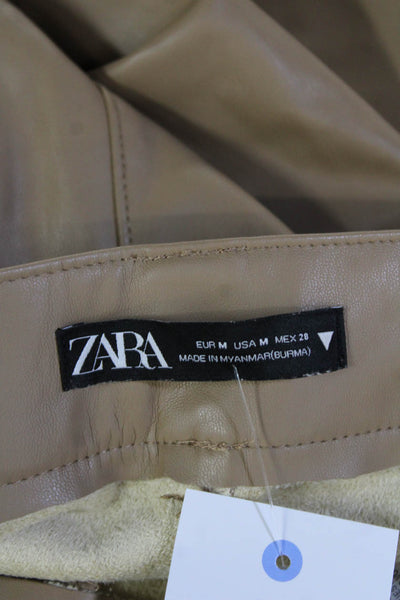 Zara Womens Faux Leather Pleated Waist Pocketed Cuffed Ankle Pants Brown Size M