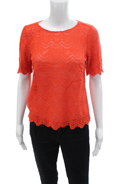 J Crew Womens Cotton Short Sleeve Round Neck Lace T-shirt Red Size S