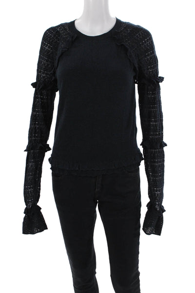Jonathan Simkhai Womens Ruffled Crew Neck Sweater Black Cotton Size Small