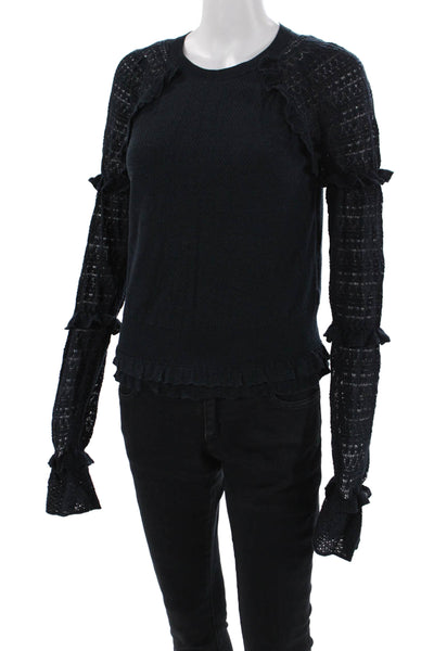 Jonathan Simkhai Womens Ruffled Crew Neck Sweater Black Cotton Size Small