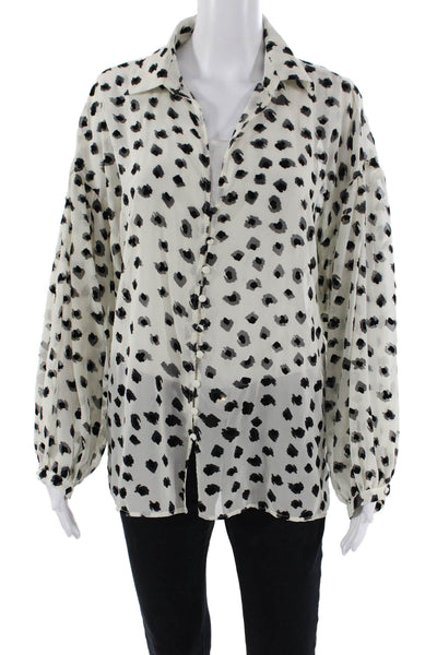 Zara Womens Collared Spotted Print Sheer Peasant Sleeve Blouse White Size L