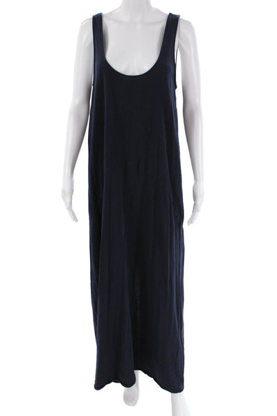 Zara Womens Cotton Round Neck Sleeveless Back Slit Maxi Dress Blue Size M