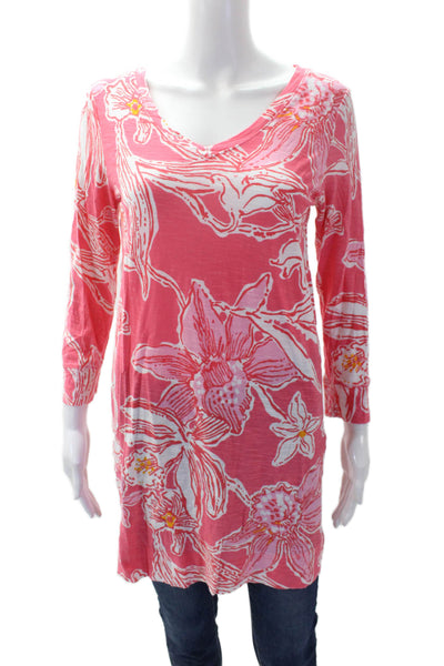 Lilly Pulitzer Womens Cotton Round Neck Long Sleeve Floral Top Pink Size S