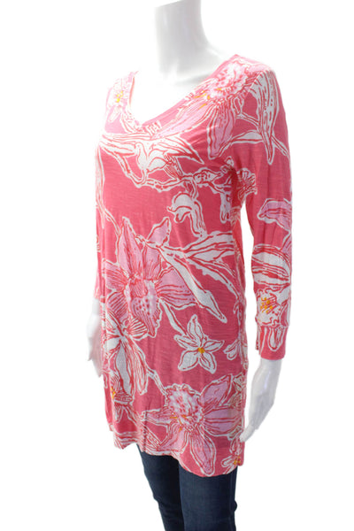 Lilly Pulitzer Womens Cotton Round Neck Long Sleeve Floral Top Pink Size S