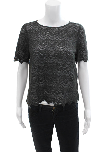 J Crew Womens Textured Lace Short Sleeve Round Neck Top Gray Size XS