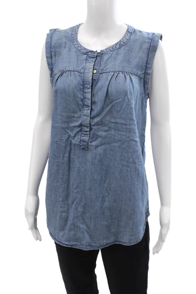 Loft Womens Cotton Sleeveless Button V-neck Tank Blouse Blue Size M