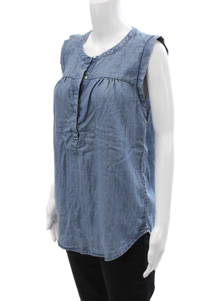 Loft Womens Cotton Sleeveless Button V-neck Tank Blouse Blue Size M
