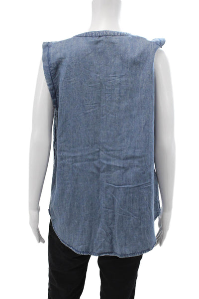 Loft Womens Cotton Sleeveless Button V-neck Tank Blouse Blue Size M