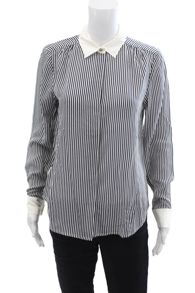 Ann Taylor Womens Silk Long Sleeve Collar Stripe Blouse Black Size 02
