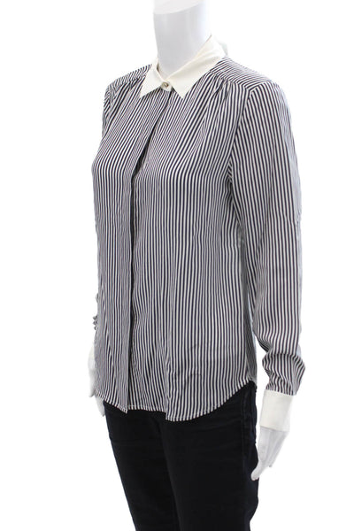 Ann Taylor Womens Silk Long Sleeve Collar Stripe Blouse Black Size 02