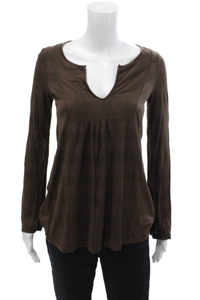 Splendid Womens Cotton V-neck Long Sleeve Button Top Brown Size S
