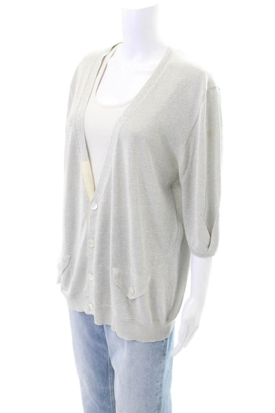 Yigal Azrouel Womens 3/4 Sleeve Metallic Knit Cardigan Sweater Silver Medium
