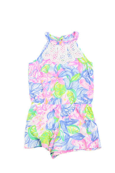 Lilly Pulitzer Girls Crew Neck Embroidered Floral Romper White Multi Size 6-7