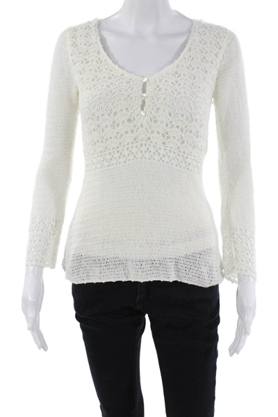Lily Pulitzer Womens Linen Embroidered Long Sleeve V-Neck Top White Size XS