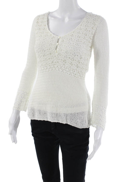 Lily Pulitzer Womens Linen Embroidered Long Sleeve V-Neck Top White Size XS
