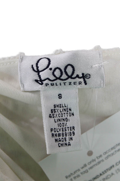 Lily Pulitzer Womens Linen Embroidered Long Sleeve V-Neck Top White Size XS