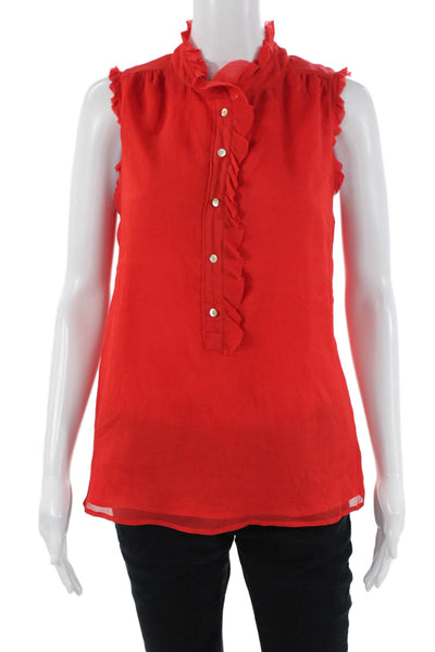 J Crew Womens Silk Ruffled Sleeveless Quarter Button V-Neck Blouse Red Size 2