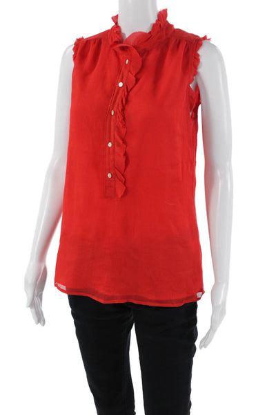 J Crew Womens Silk Ruffled Sleeveless Quarter Button V-Neck Blouse Red Size 2