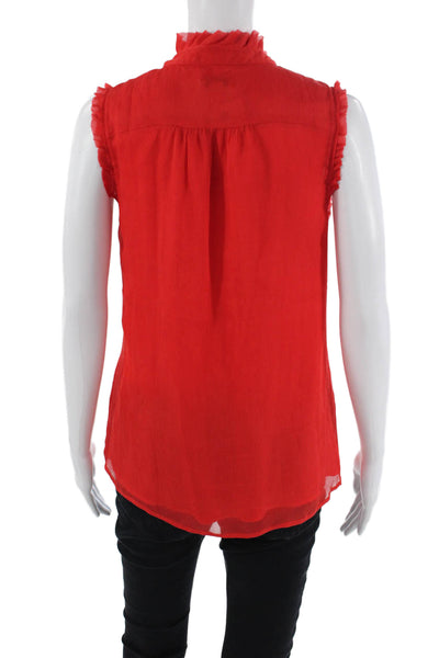 J Crew Womens Silk Ruffled Sleeveless Quarter Button V-Neck Blouse Red Size 2