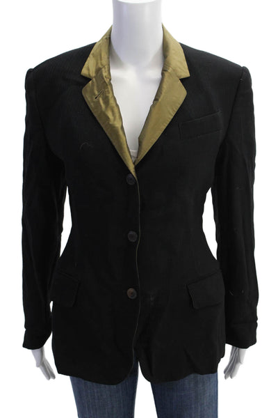 Designer Womens Single Button Notched Lapel Vintage Blazer Jacket Black Size 4