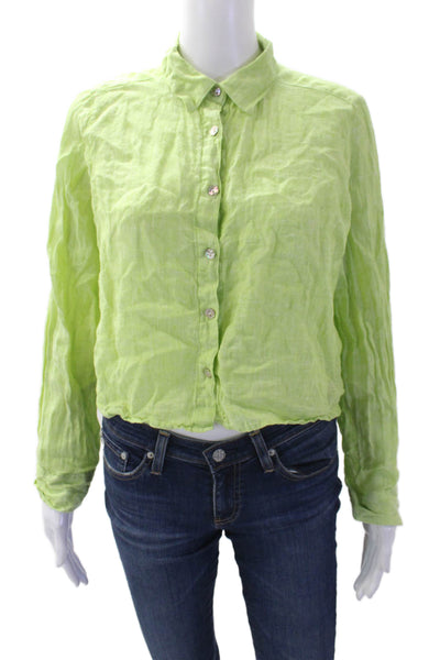Cynthia Rowley Womens Linen Collar Cropped Button Down Shirt Green Size S