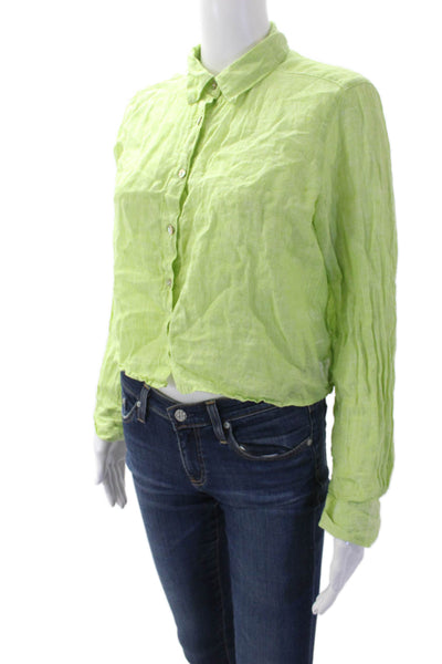 Cynthia Rowley Womens Linen Collar Cropped Button Down Shirt Green Size S
