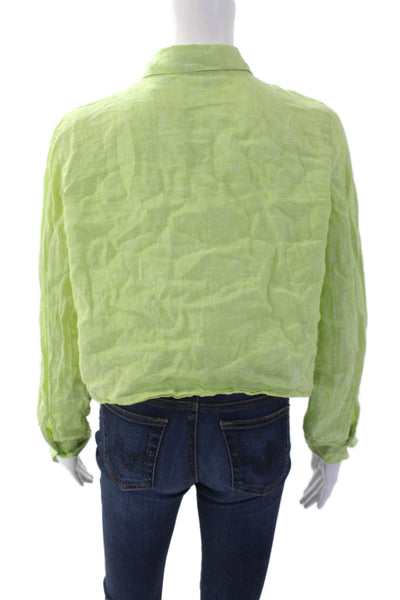 Cynthia Rowley Womens Linen Collar Cropped Button Down Shirt Green Size S