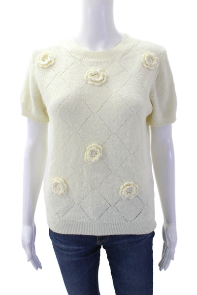 CeCe Womens Floral Textured Crew Neck Short Sleeve Sweater Top Cream Size S