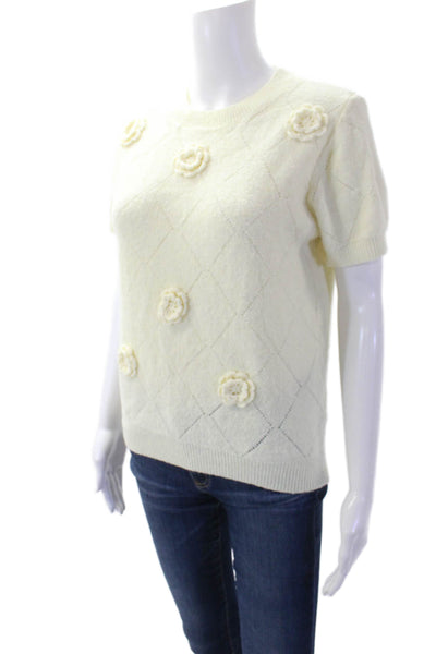 CeCe Womens Floral Textured Crew Neck Short Sleeve Sweater Top Cream Size S