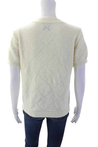 CeCe Womens Floral Textured Crew Neck Short Sleeve Sweater Top Cream Size S
