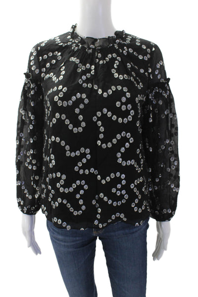 Rebecca Taylor Womens Printed Ruffle V-neck Long Sleeve Blouse Top Black Size 2