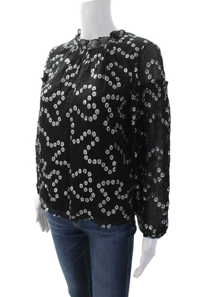 Rebecca Taylor Womens Printed Ruffle V-neck Long Sleeve Blouse Top Black Size 2