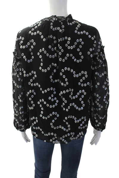 Rebecca Taylor Womens Printed Ruffle V-neck Long Sleeve Blouse Top Black Size 2